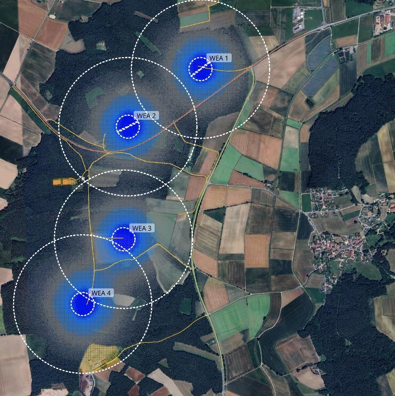 Falldichte-Konturen mehrerer Windenergieanlagen über einem Satellitenbild mit konzentrischen Wurfweiten-Ringen