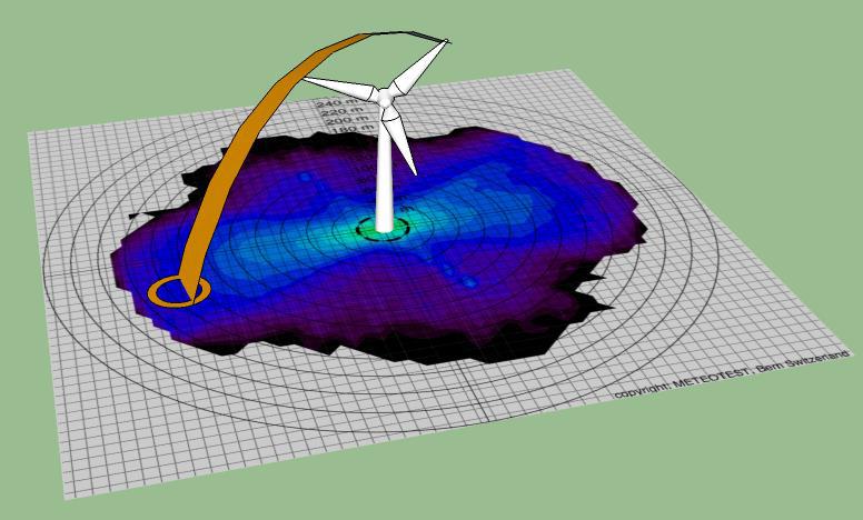 3D-Visualisierung einer Eiswurf-Trajektorie und Falldichte-Karte um einen Anlagenstandort